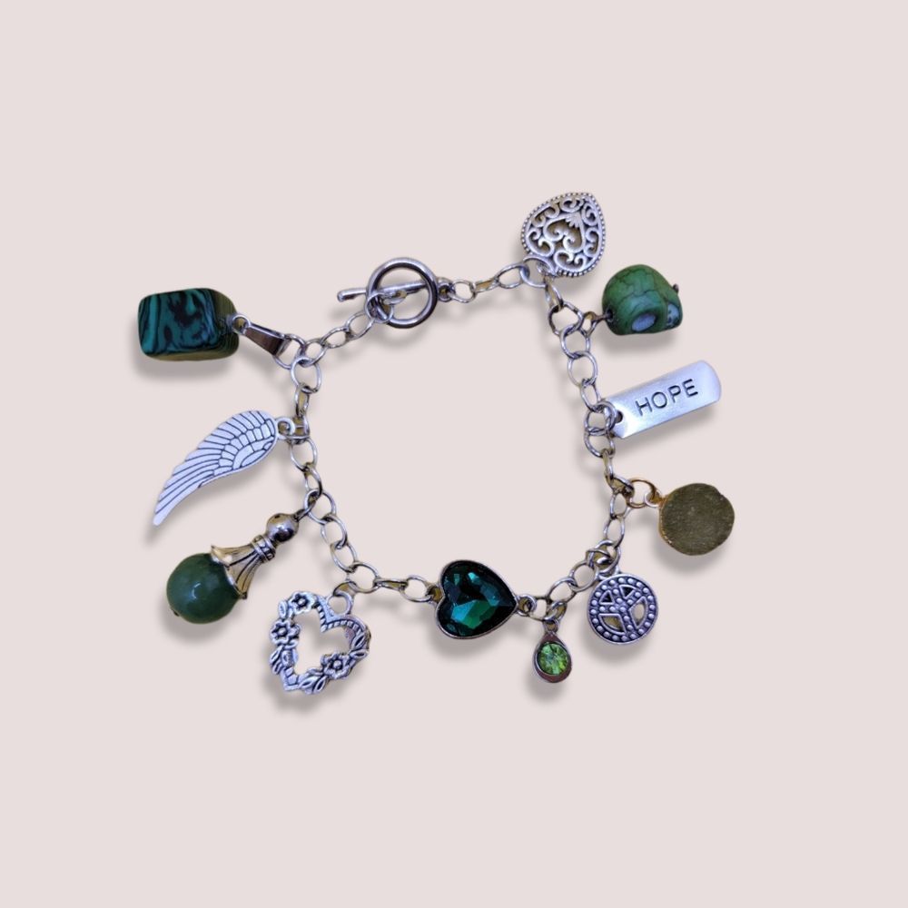 Green Charm Bracelet, Silver Charm Bracelet, Heart Charm Bracelet